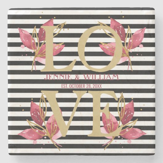 LOVE en Bloemen op Zwarte Strepen Trouwdatum Stenen Onderzetter (Voorkant)