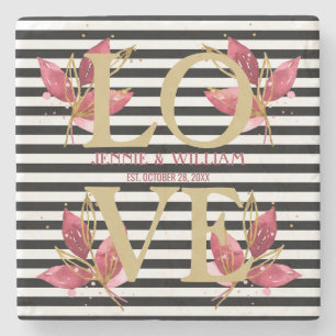 LOVE en Flowers op Black Stripes Wedde Date Stenen Onderzetter