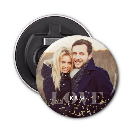 "Love" en Sparkles Photo Button Flesopener (Voorkant)