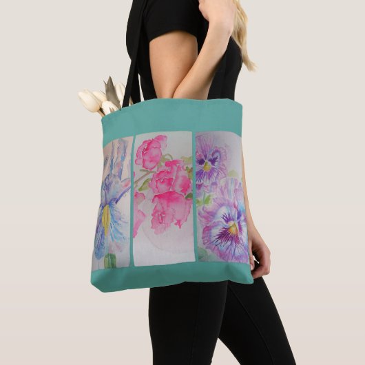 Love Flowers Floral Waterverf Turquoise Canvas tas (Dichtbij)