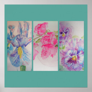 Love Flowers Floral Waterverf Turquoise Poster