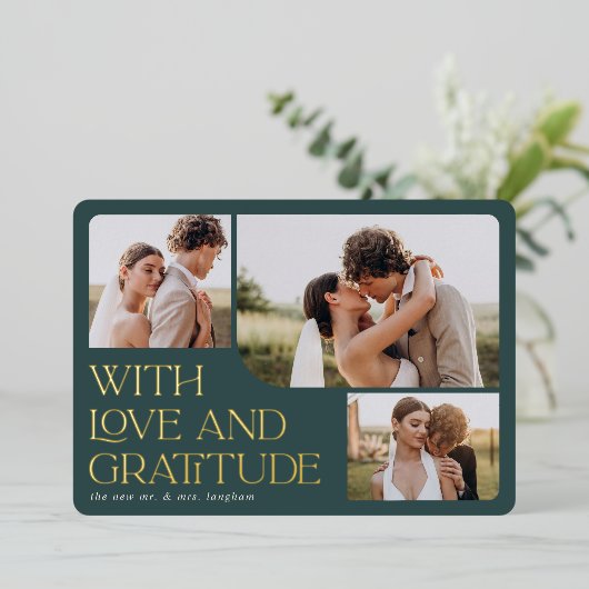 Love & Gratitude Gold Foil Weddenschap Hartelijk d Folie Uitnodiging (Staand Voorkant)