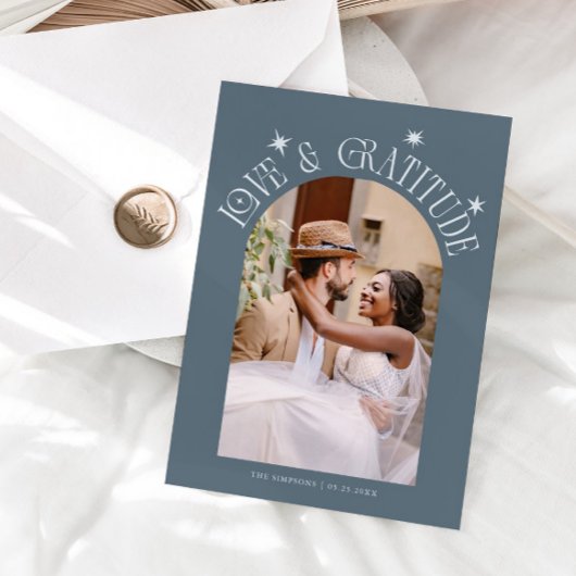 Love & Gratitude Minimal Wedding Photo Slate Blue Bedankkaart