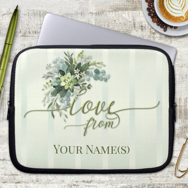 Love Greenery Script-laptophoes Laptop Sleeve (Elegant floral striped watercolor personalized laptop sleeve with  script text)