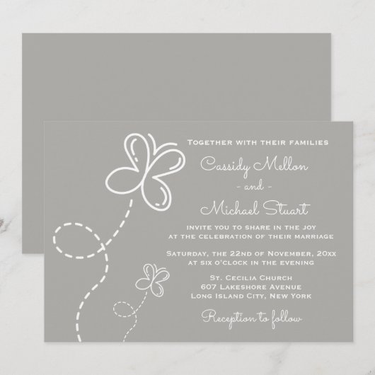 Love Grey & White Wedding Hearts and Butterflies Kaart (Voorkant / Achterkant)