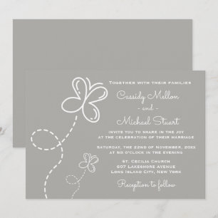 Love Grey & White Wedding Hearts and Butterflies Kaart