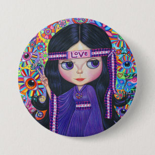 Love Headband Hippie Girl Doll Paars Psychedelic Ronde Button 7,6 Cm