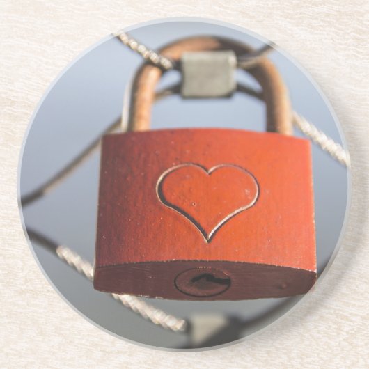 Love Heart Padlock Zandsteen Onderzetter (Voorkant)