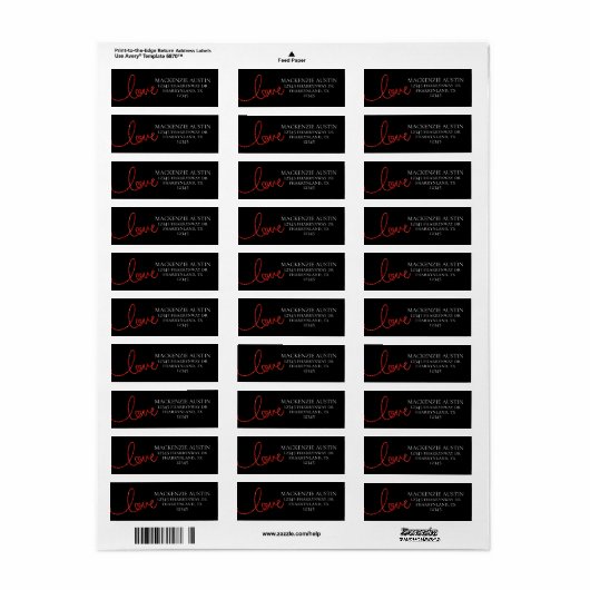 Love Heart Script | Modern rood en wit adres Etiket (Full Sheet)