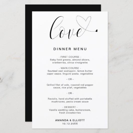 Love Heart Simple Modern Wedding Menu (Voorkant / Achterkant)