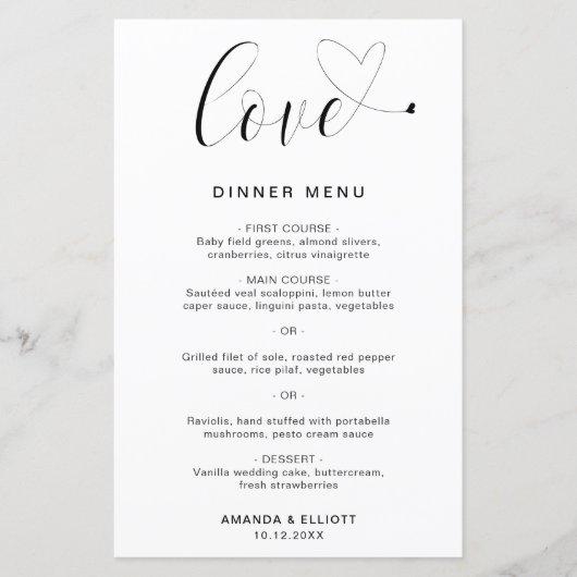 Love Heart Simple Modern Wedding Menu (Voorkant)