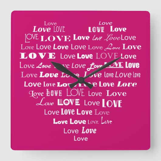 Love Heart Word Cloud - White on Fuchsia Pink Vierkante Klok (Voorkant)