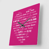 Love Heart Word Cloud - White on Fuchsia Pink Vierkante Klok (Hoek)