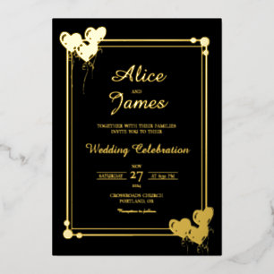 Love Hearts Frame Elegante Zwarte Gouden Folie Bru Uitnodiging