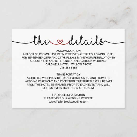 Love Hearts Red Wedding Details Enclosure Kaart (Voorkant)