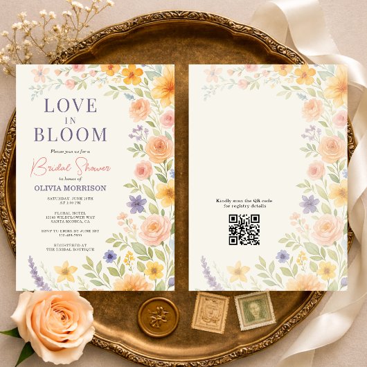 Love In Bloom Floral QR Code Bridal Shower Kaart