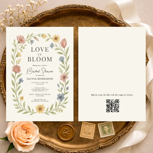 Love In Bloom Floral QR Code Bridal Shower Kaart