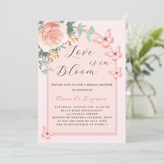 Love in Bloom roze vlinderboog Bruidsdouche Kaart (Staand voorkant)