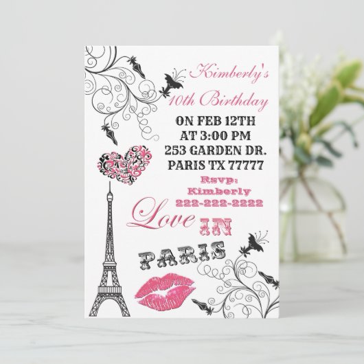 Love in Paris Eiffel Tower Party Invitation Kaart (Staand voorkant)