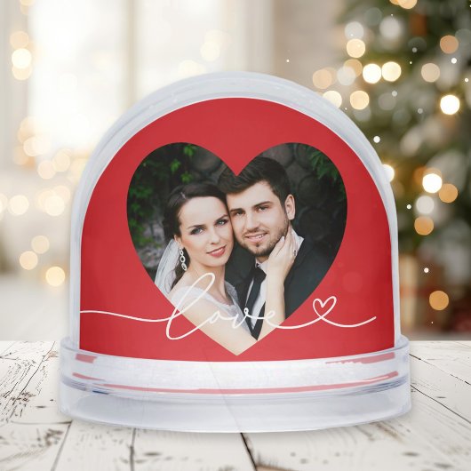 Love in Script Red Custom Heart Shaped Photo Sneeuwbol