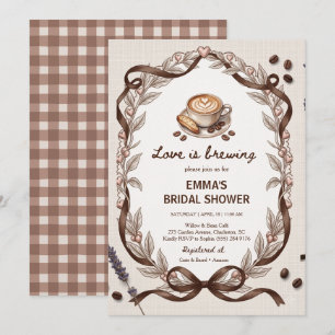 Love Is Brewing Coffee Gingham Bruiloftsfeest Kaart