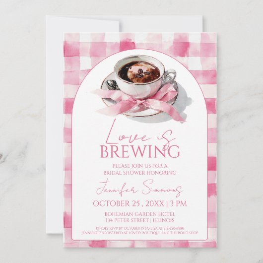 Love Is Brewing Coffee Pink Bow Bridal Shower Kaart (Voorkant)