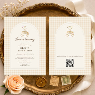 Love is Brewing Coffee QR Code Bruiloft Feest Kaart