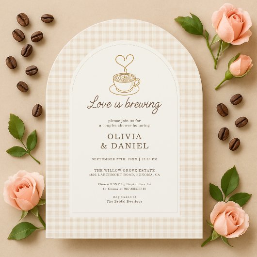 Love is Brewing Gingham Coffee Couples Shower Kaart
