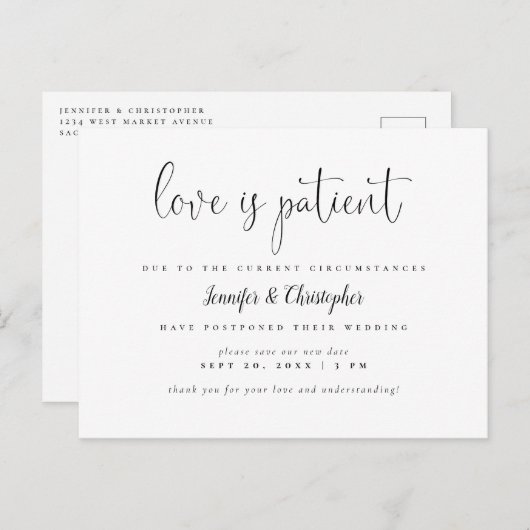 Love is Patient B&W Script Wedding Postponement Uitnodiging Briefkaart (Voorkant / Achterkant)