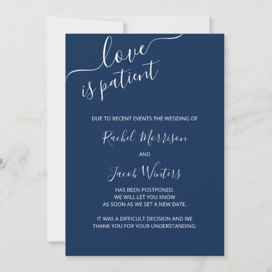 Love is Patient Blue and White Script Postponement Aankondiging (Voorkant)