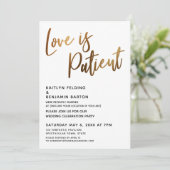 Love is Patient Gold Handwrite Simple Reception Kaart (Staand voorkant)