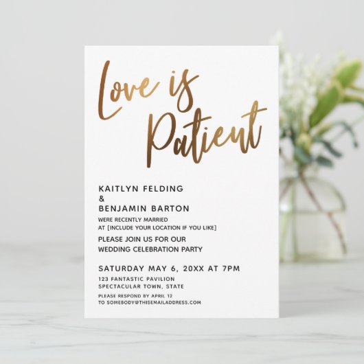 Love is Patient Gold Handwrite Simple Reception Kaart (Staand voorkant)