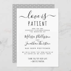 Love is Patient Hand Lettered Wedding Postponement Kaart