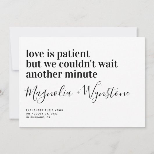 Love is Patient Modern Typography Elopement Aankondiging (Voorkant)