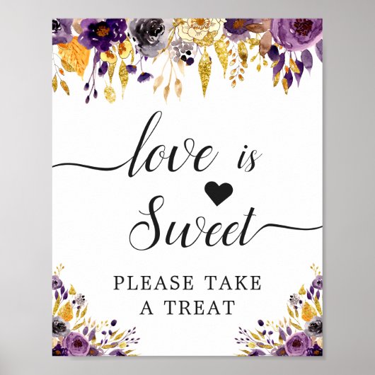 Love is Sweet Calligraphy Script Paarse Bloemen Poster (Voorkant)