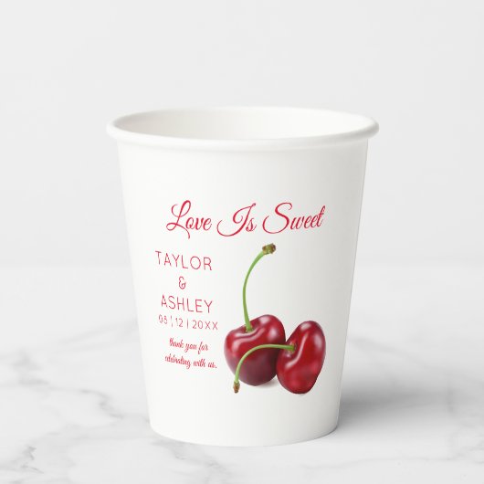 Love is Sweet Cherry Fruit | Weddenschap Papieren Bekers (Achterkant)