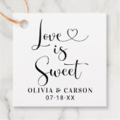Love is Sweet Modern Black Heart Script Wedding Bedankjes Labels (Voorkant)