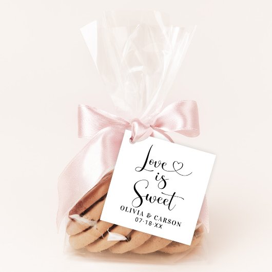 Love is Sweet Modern Black Heart Script Wedding Bedankjes Labels