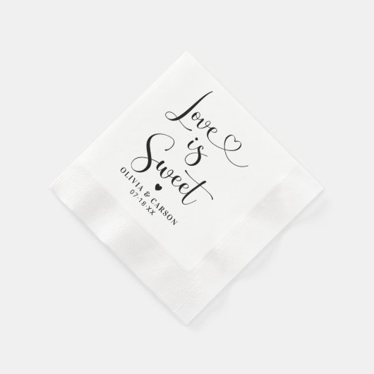 Love is Sweet Modern Black Heart Script Wedding Servet (Hoek)