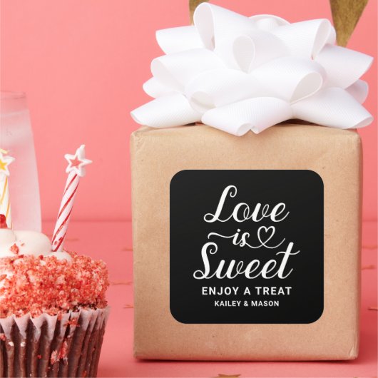 Love is Sweet Modern Heart Script Black Wedding Vierkante Sticker (Feest)
