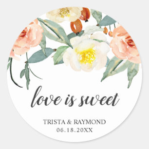 Love Is Sweet Perzik Bloem Bruiloft Favor Ronde Sticker