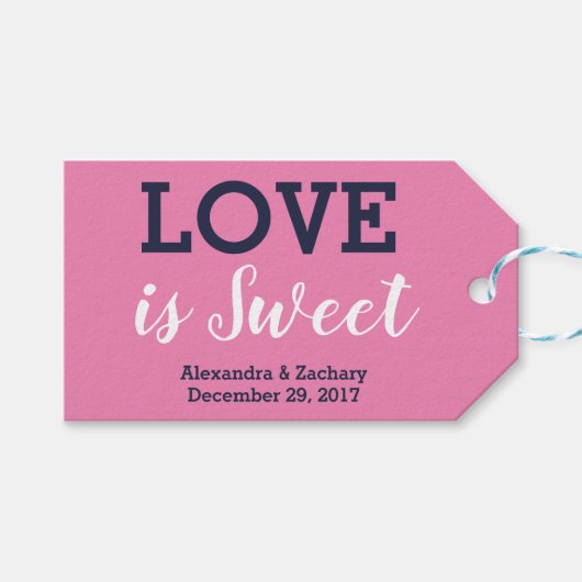 Love is Sweet Pink Navy Blue Wedding Snoep Favor Cadeaulabel (Voorkant (Horizontaal))