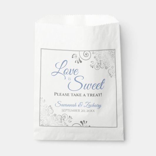 Love is Sweet Silver Lace Blue Gray Script Weduwen Bedankzakje (Voorkant)