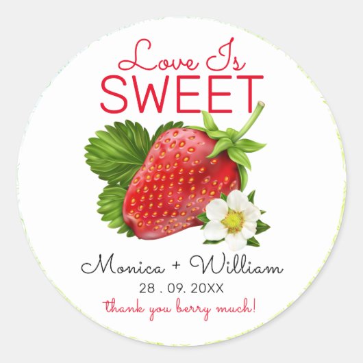 Love is Sweet Strawberry Wedding Ronde Sticker (Voorkant)