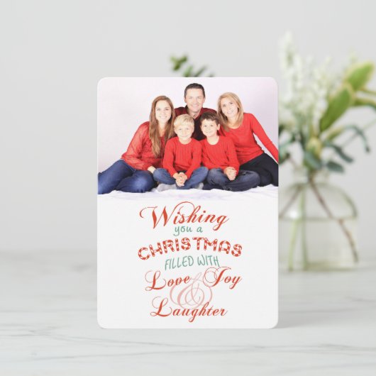Love Joy Laughter kerstfoto Flat Card Feestdagenkaart (Staand voorkant)
