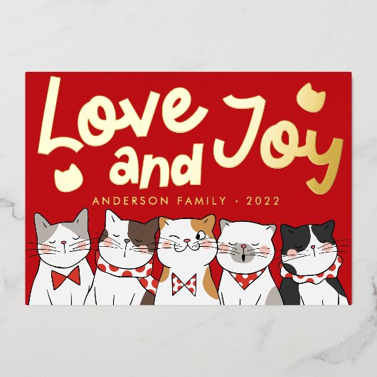 Love & Joy Modern Funny Cute Cats Caroling Folie Feestdagenkaart (Voorkant)