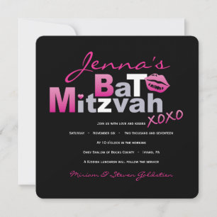 LOVE & KISSES HOT PINK Bat Mitzvah Uitnodiging