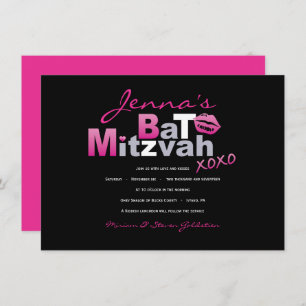 LOVE & KISSES HOT PINK Bat Mitzvah Uitnodiging
