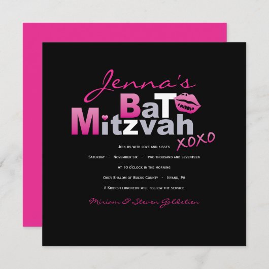LOVE & KISSES HOT PINK Bat Mitzvah Uitnodiging (Voorkant / Achterkant)