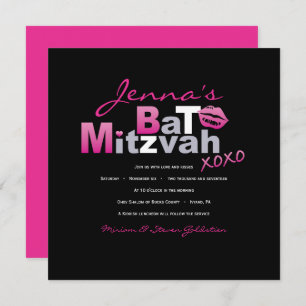 LOVE & KISSES HOT PINK Bat Mitzvah Uitnodiging